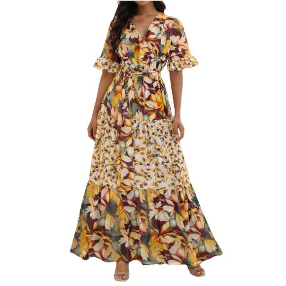 Anthropologie Figueroa & Flower Dresses & Skirts - Figueroa & Flower Maxi Dress Women’s Sz L Flutter Sleeve Tiered Floral Tie Waist